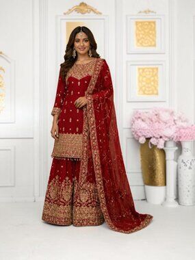 Red Blooming Georgette Russian Plazo Dress with Zari Work, Cultural Wear for Wom